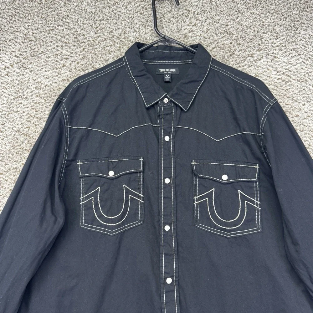 True Religion Big T Western Shirt Men's Size 2XL XXL Jet Black Pearl Snap Cowboy